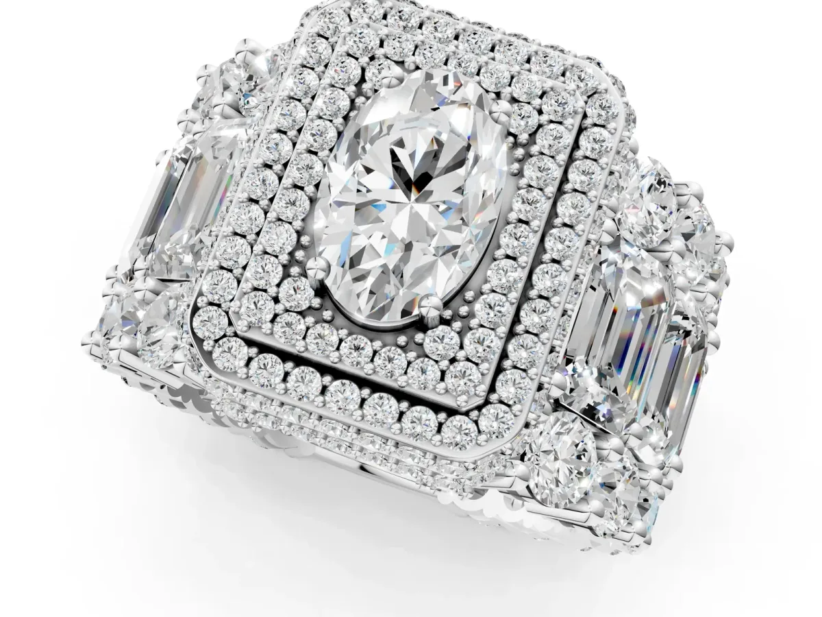 Oval Diamond Halo Mens Ring with Baguette Side Stones White gold