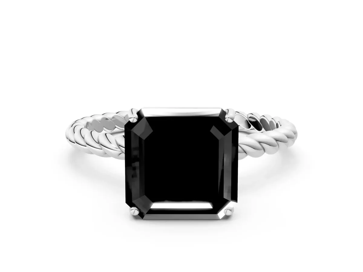 Fancy Black Asscher Cut Solitaire Twisted Band 4-Prong Ring Platinum