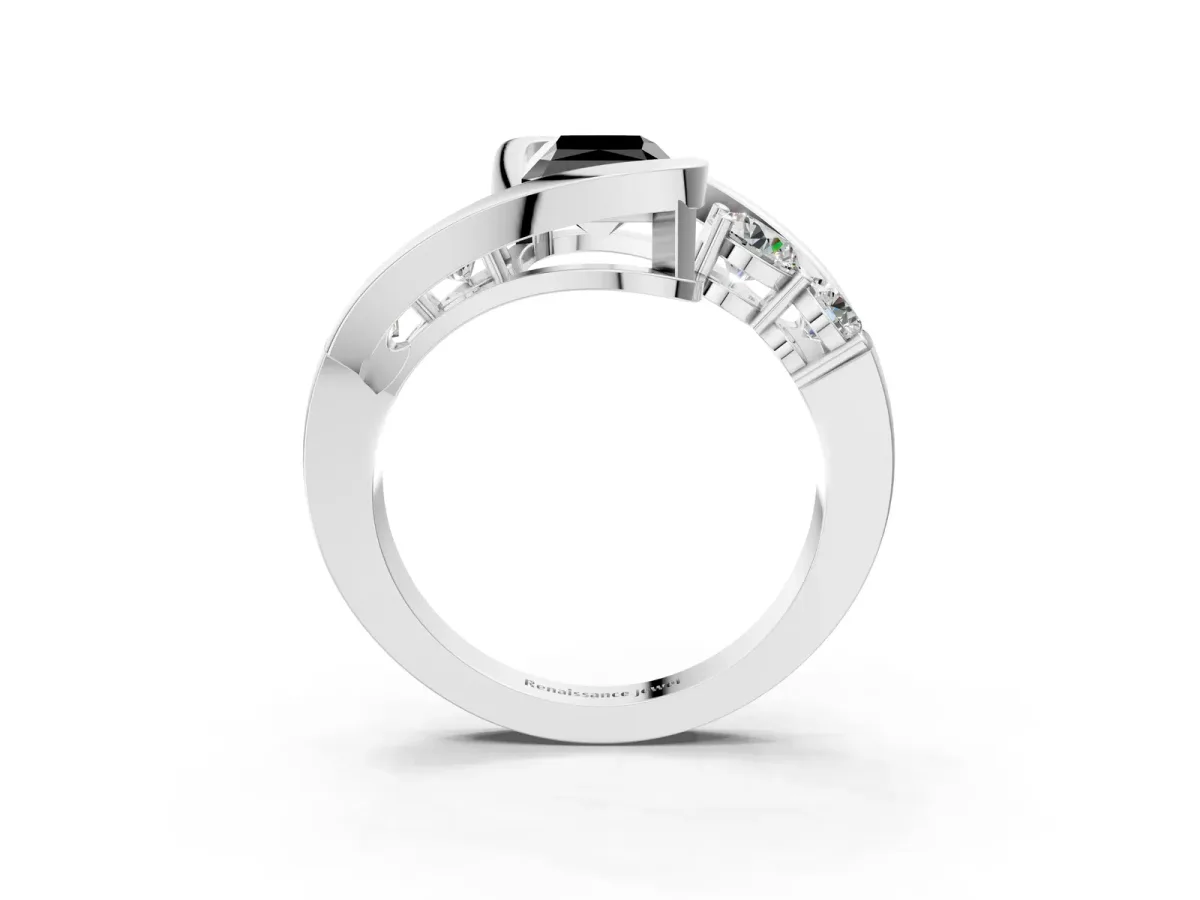 Fancy Black Bezel Set Radiant Cut Diamond Bypass Ring with Round Accents Platinum