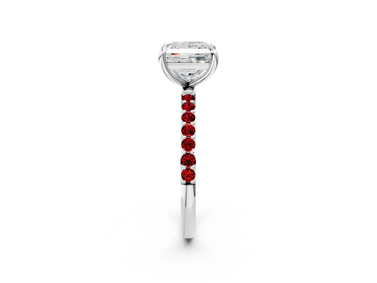 Princess Cut Diamond Solitaire Ring with Round Ruby Pavé Band and Prong Setting Platinum