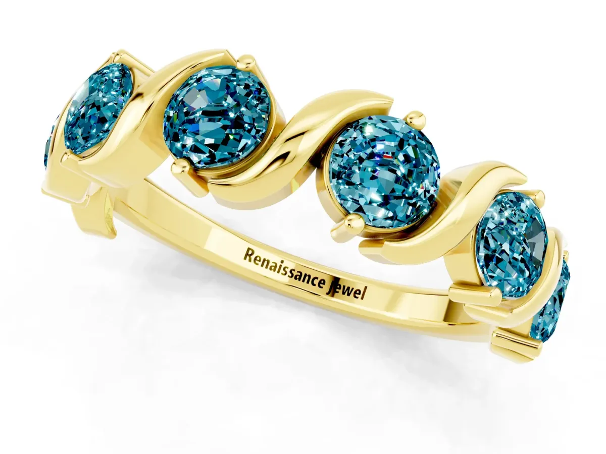 Six-Stone Round Blue Topaz Wave Band with Shared Prong Setting Yellow gold