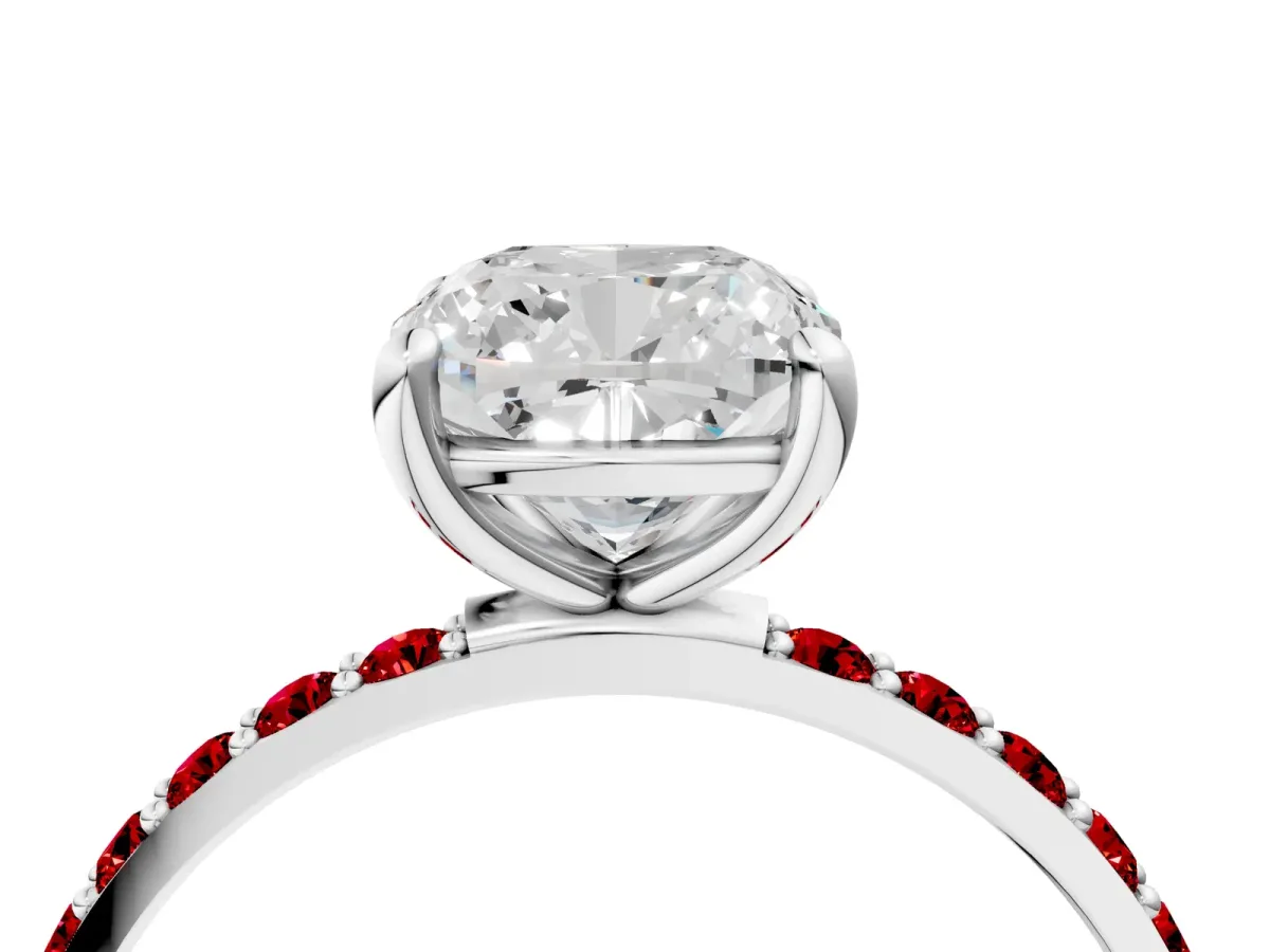 Cushion Cut Diamond Solitaire Ring with Round Ruby Pavé Band and Prong Setting Platinum