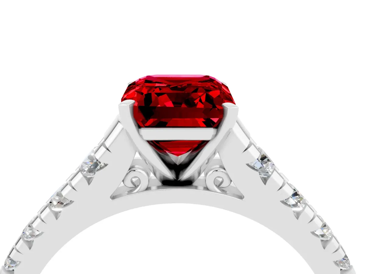 Emerald Cut Ruby Cathedral Solitaire Ring with Round Pavé Band Platinum