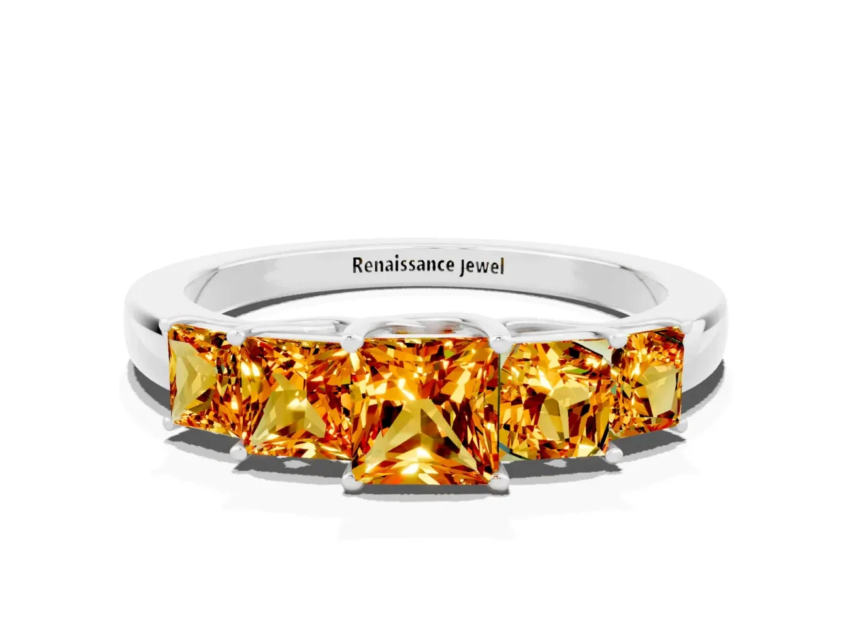 Princess Cut Five-Stone Citrine Ring with Classic Prong Setting Silver