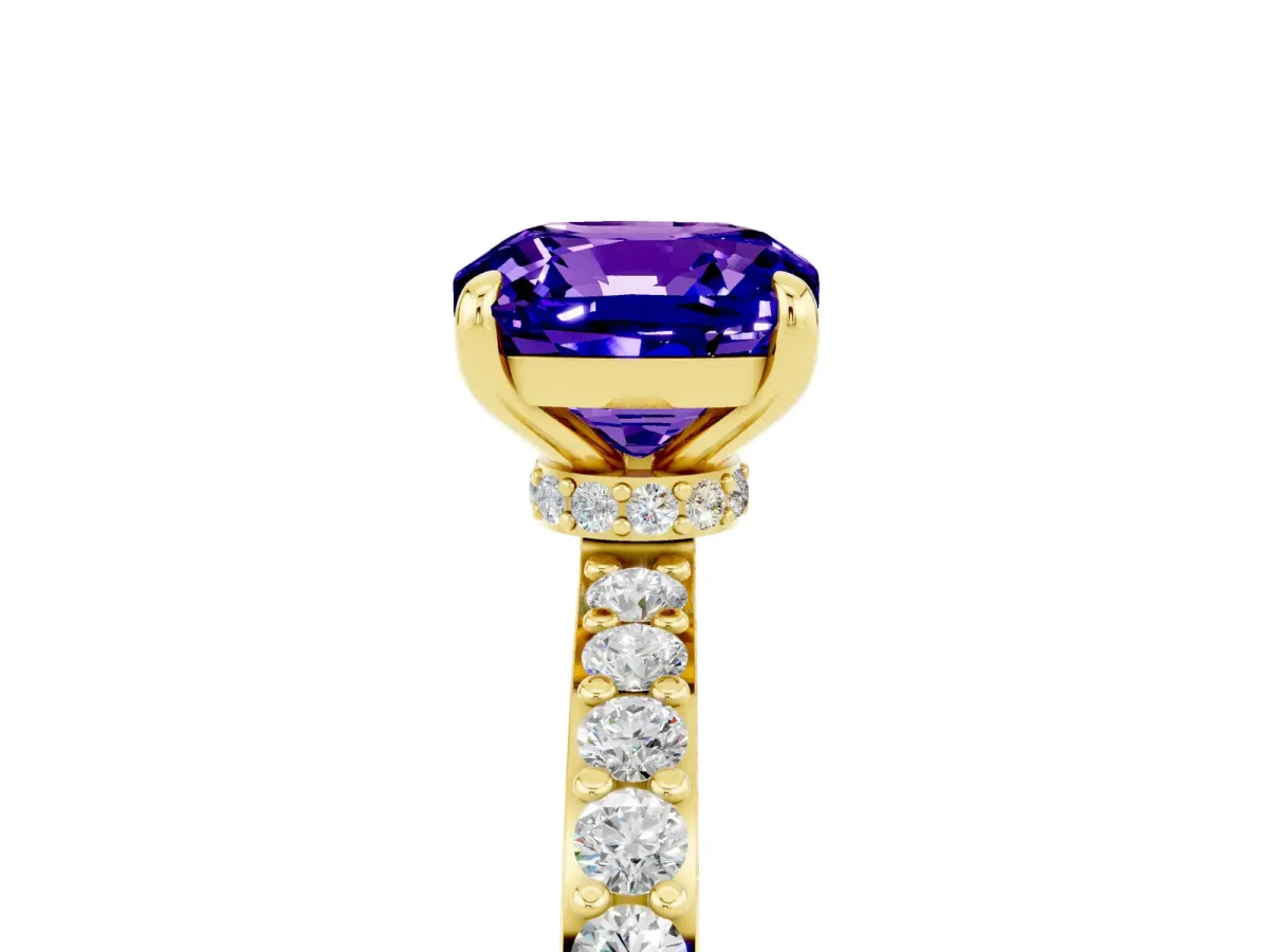 Cushion Cut Tanzanite Solitaire Engagement Ring with Pavé Band and Four-Prong Setting Yellow gold