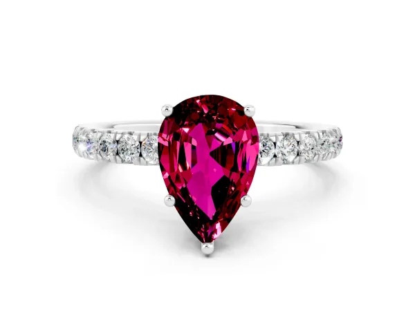 Pear Cut Garnet Pave Band Solitaire Ring with Round and Prong Setting White gold
