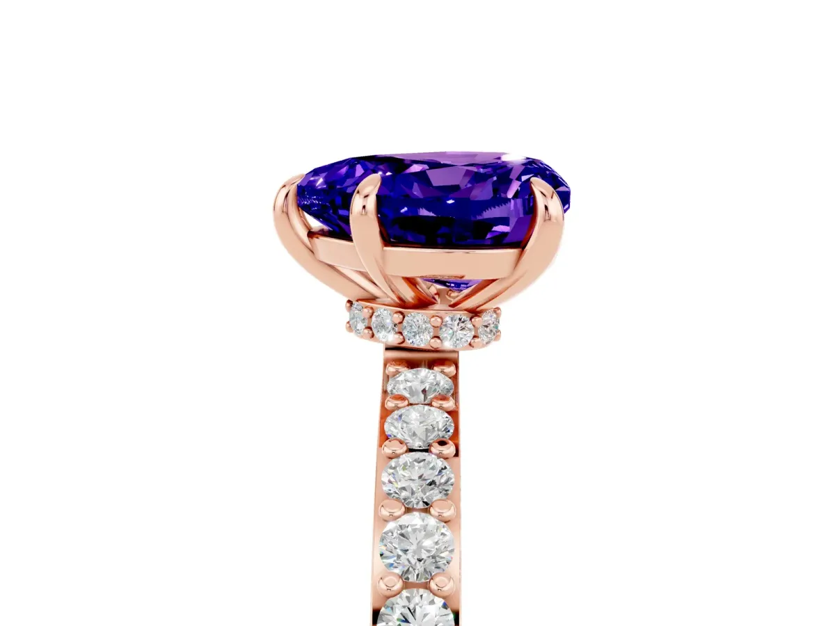 Heart Cut Tanzanite Solitaire Engagement Ring with Pavé Band and Four-Prong Setting Rose gold