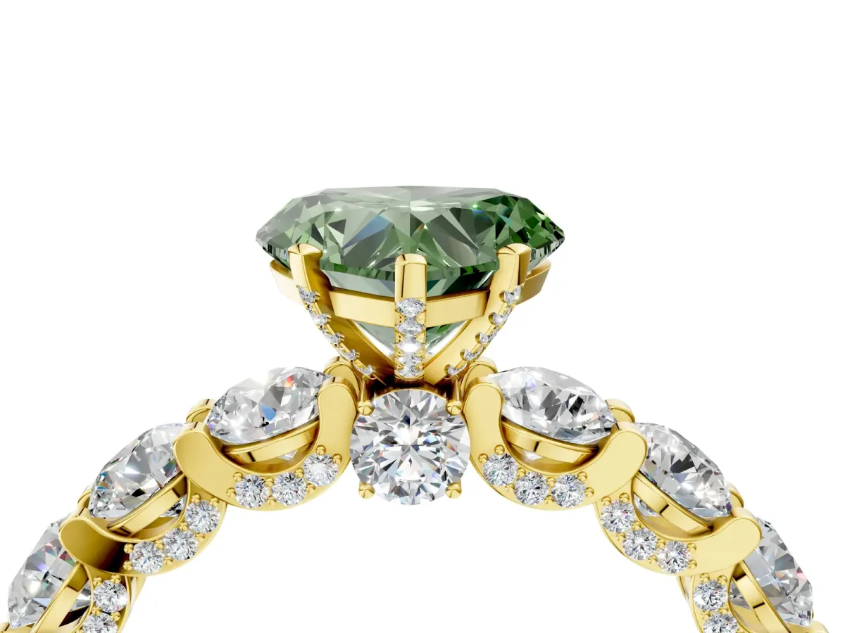 Fancy Green Heart Cut Diamond Side Stone Engagement Ring with Four-Prong Setting Yellow gold