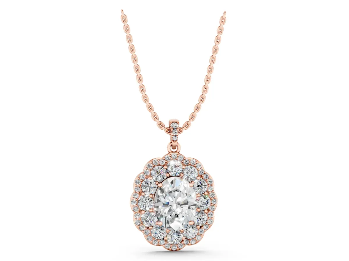 Oval Diamond Floral Halo Pendant with Diamond Accents Rose gold