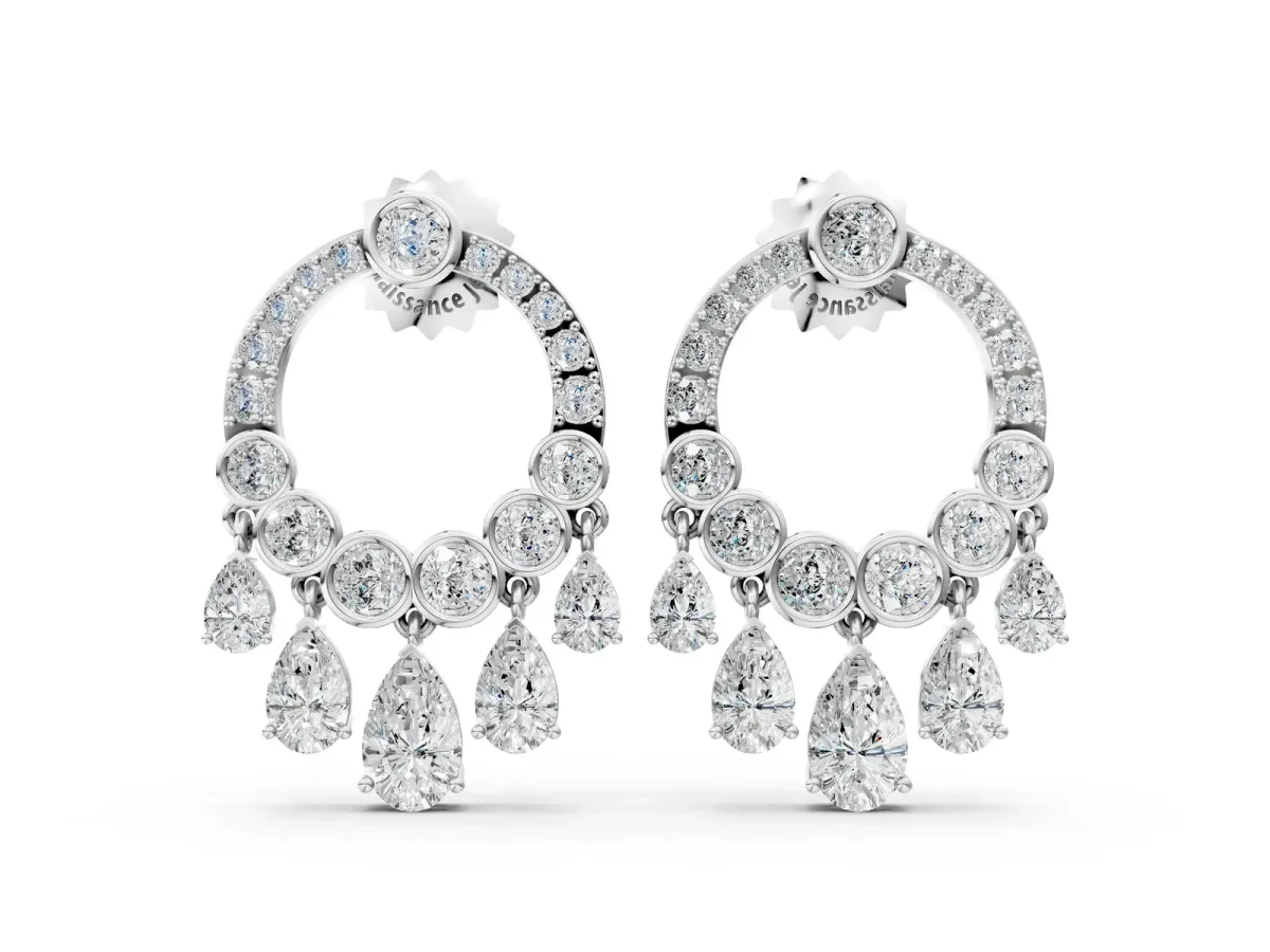 Round and Pear Diamond Dangle Earrings Silver