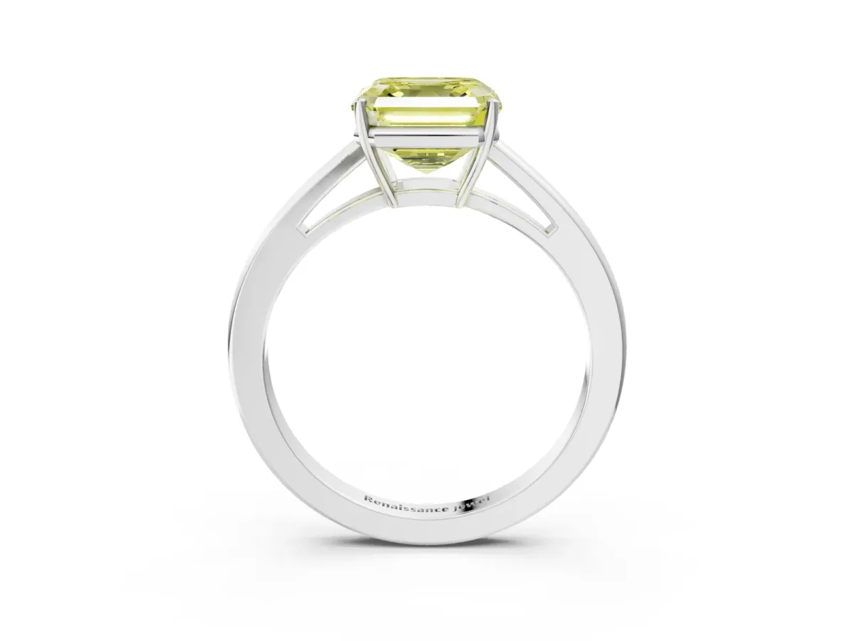 Fancy Yellow Asscher Cut Solitaire Diamond Ring with Split Shank and Four-Prong Setting Platinum