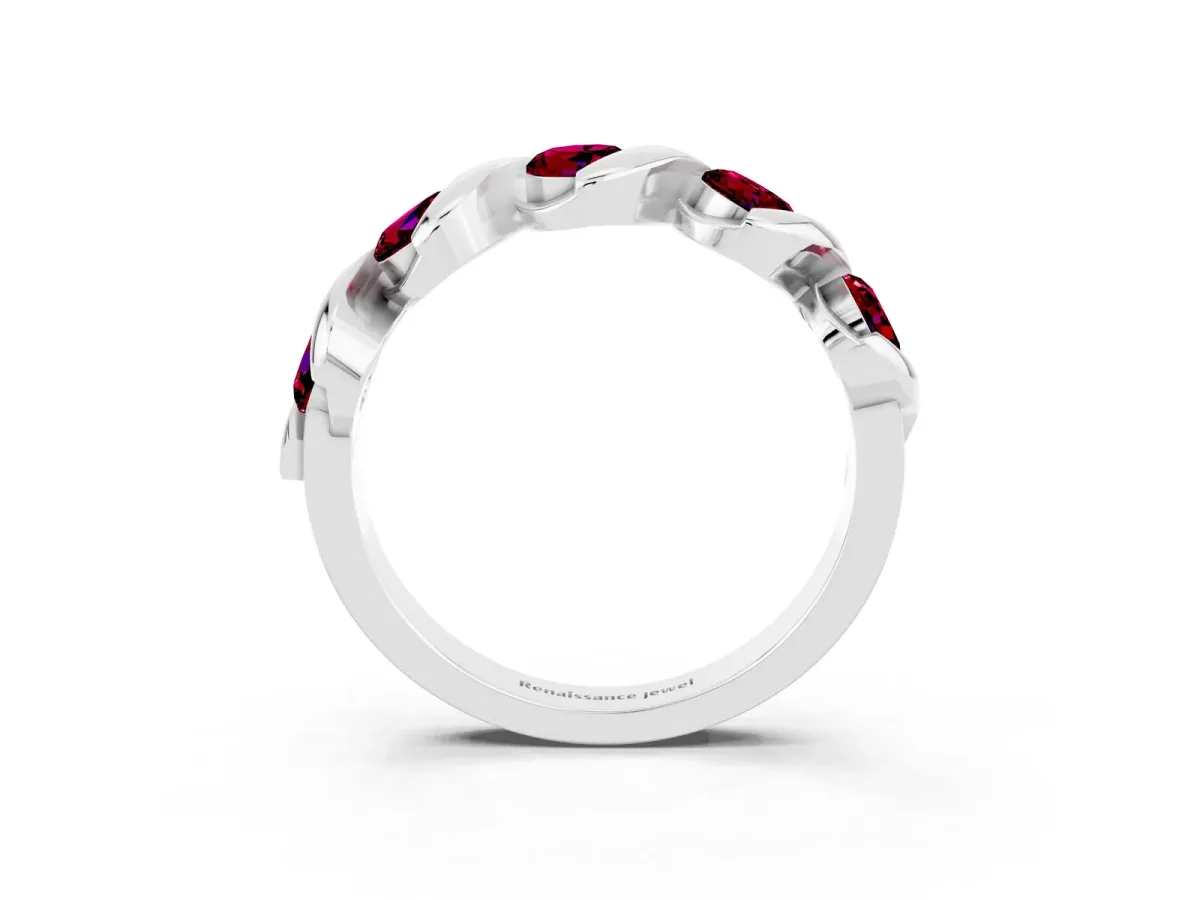 Round Garnet Wave Band with Channel Setting and Shared Prongs White gold