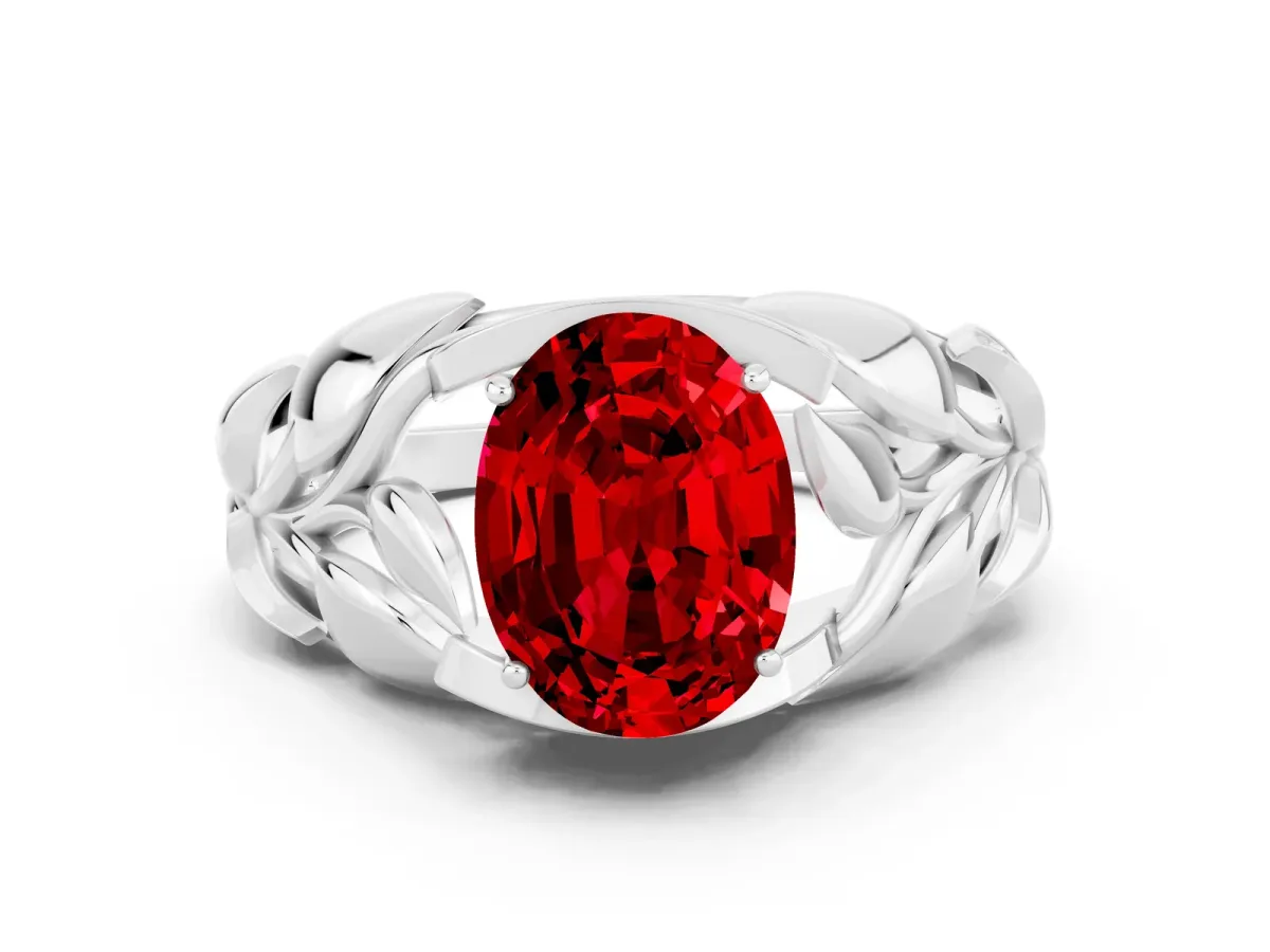 Oval Cut Ruby Leaf-Inspired Engagement Ring with Round Accents and Prong Setting Platinum