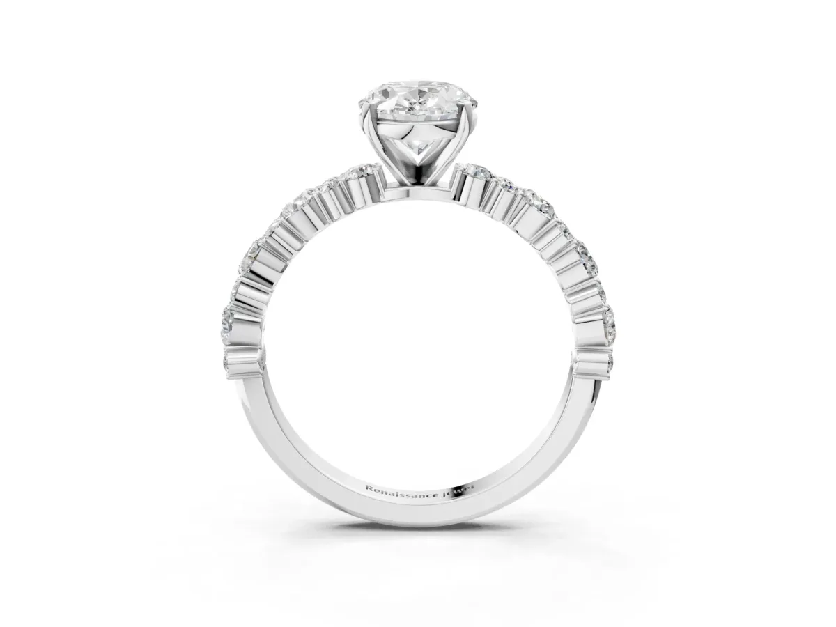 Oval Cut Diamond Side Stone Solitaire Ring with Round and Four-Prong Setting Silver