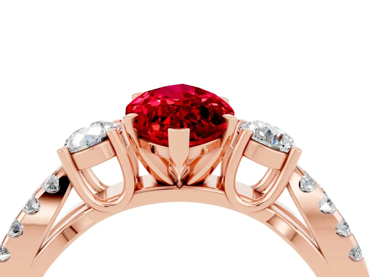 Marquise Cut Ruby Three-Stone Ring with Pavé Split Shank and Four-Prong Setting Rose gold