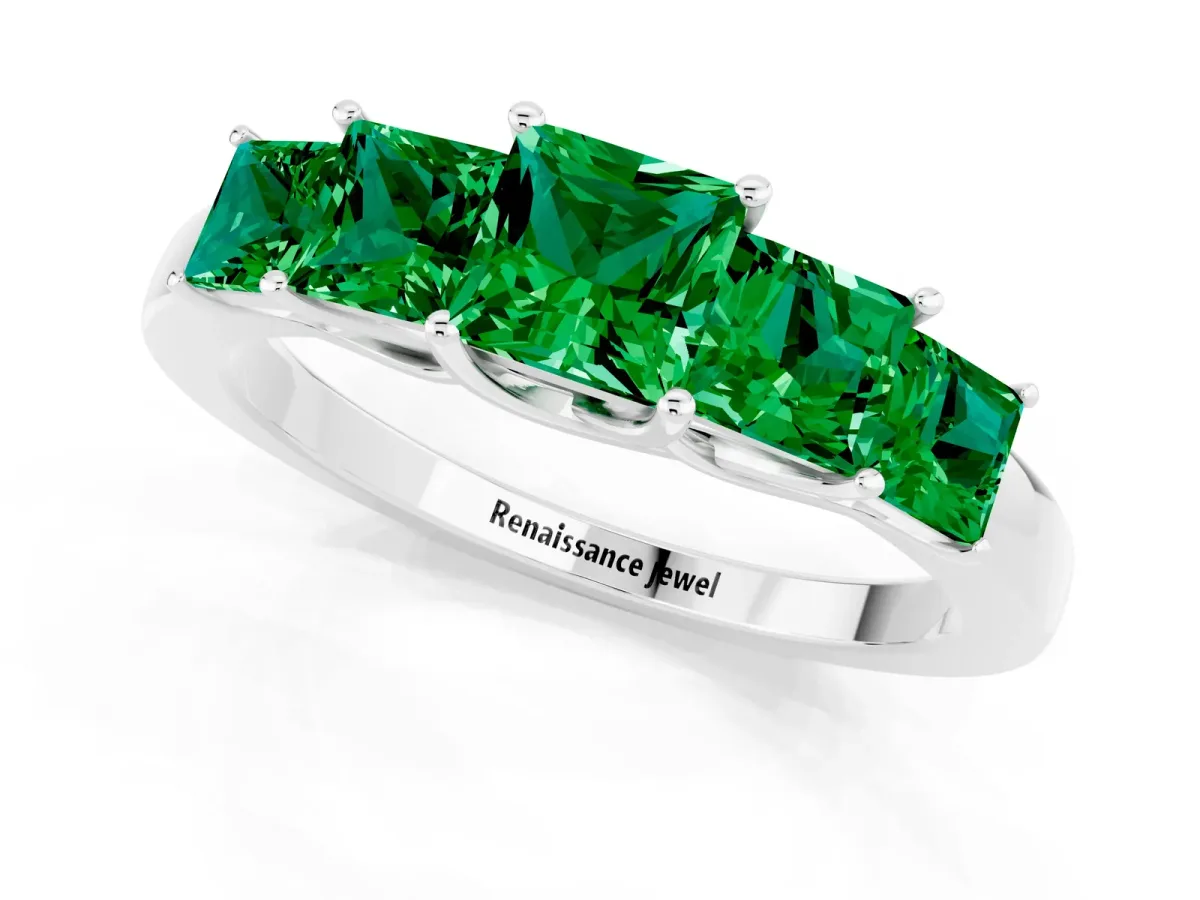 Princess Cut Five-Stone Emerald Ring with Classic Prong Setting Silver