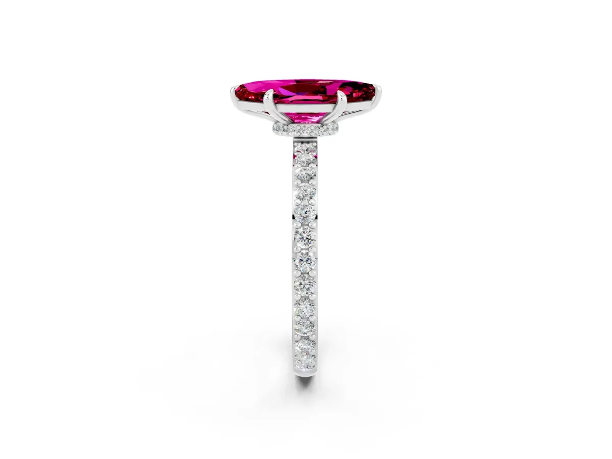 Marquise Cut Garnet Solitaire Engagement Ring with Pavé Band and Four-Prong Setting Silver