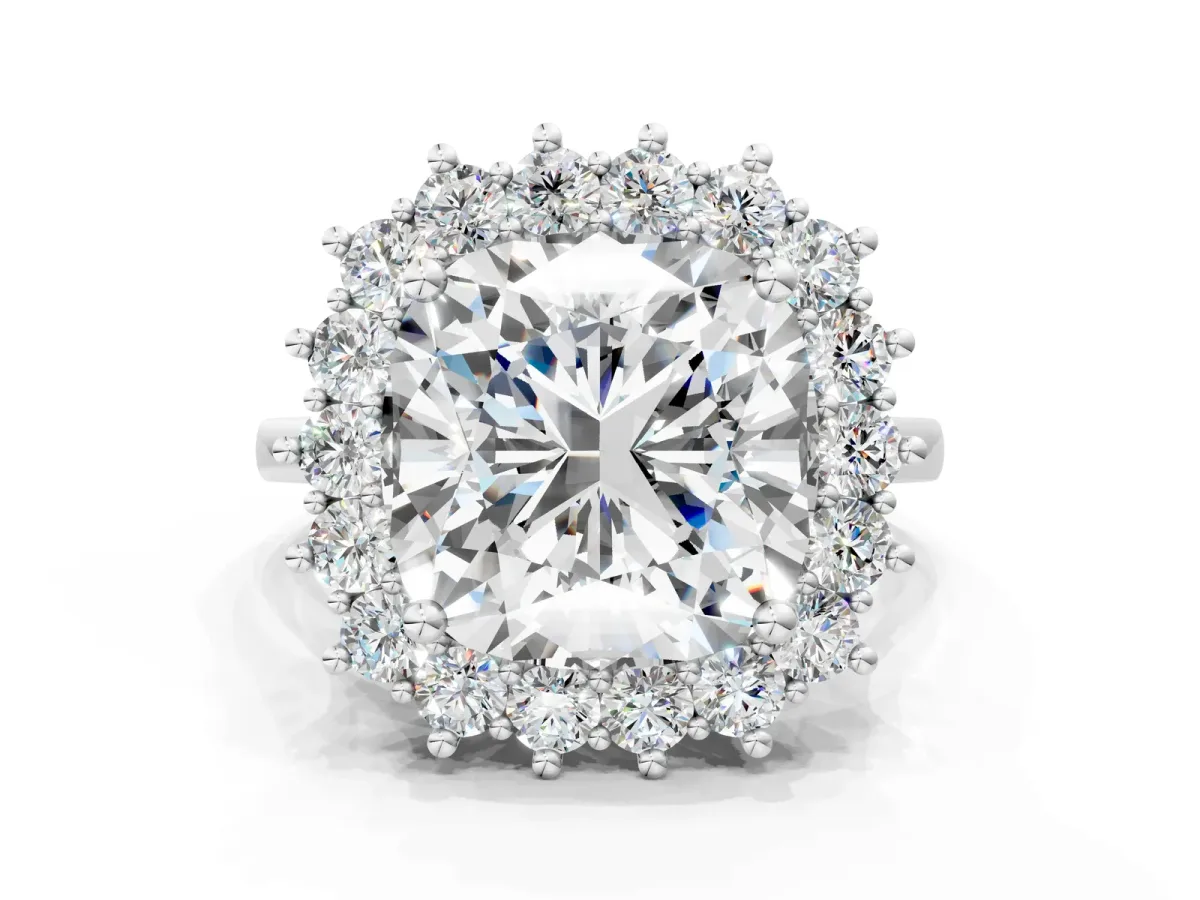 Cushion Diamond Halo Engagement Ring with Round Diamond Accents White gold