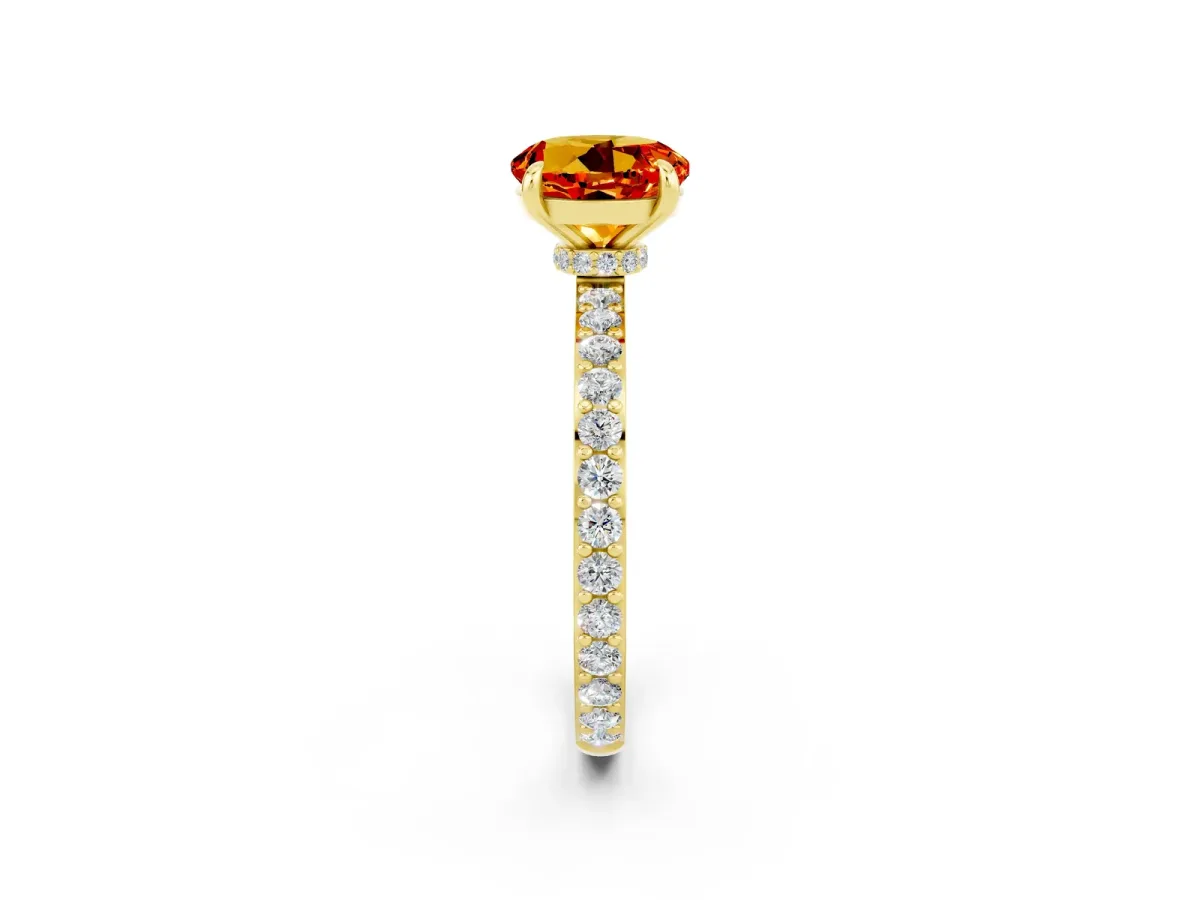 Round Cut Citrine Solitaire Engagement Ring with Pavé Band and Four-Prong Setting Yellow gold