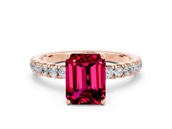 Emerald Cut Garnet Pave Band Solitaire Ring with Round and Prong Setting Rose gold