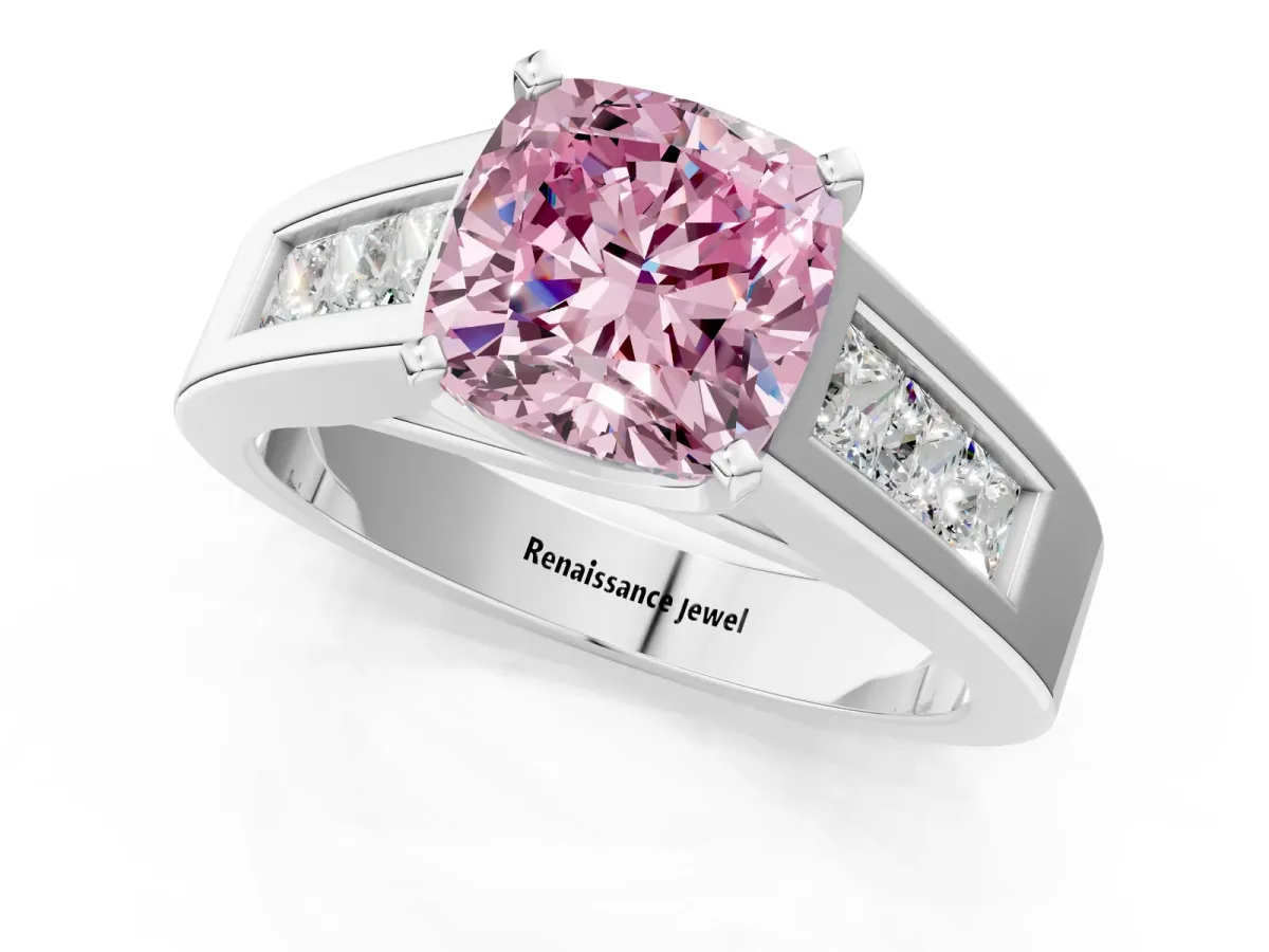 Fancy Pink Cushion Cut Cut Channel Set Solitaire Ring with Four-Prong Setting Silver