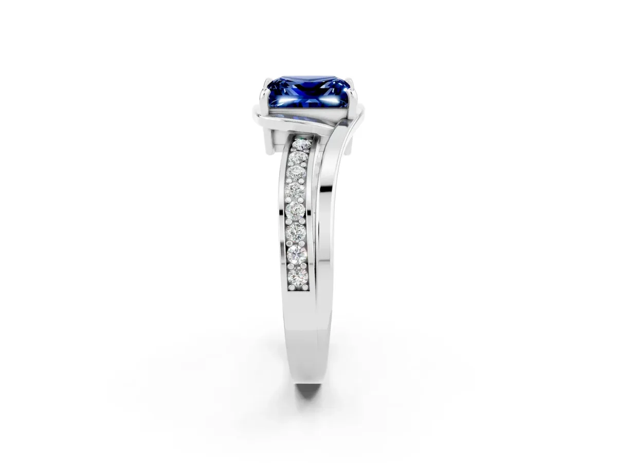 Princess Cut Blue Sapphire Solitaire Ring with Split Shank and Prong Setting Platinum
