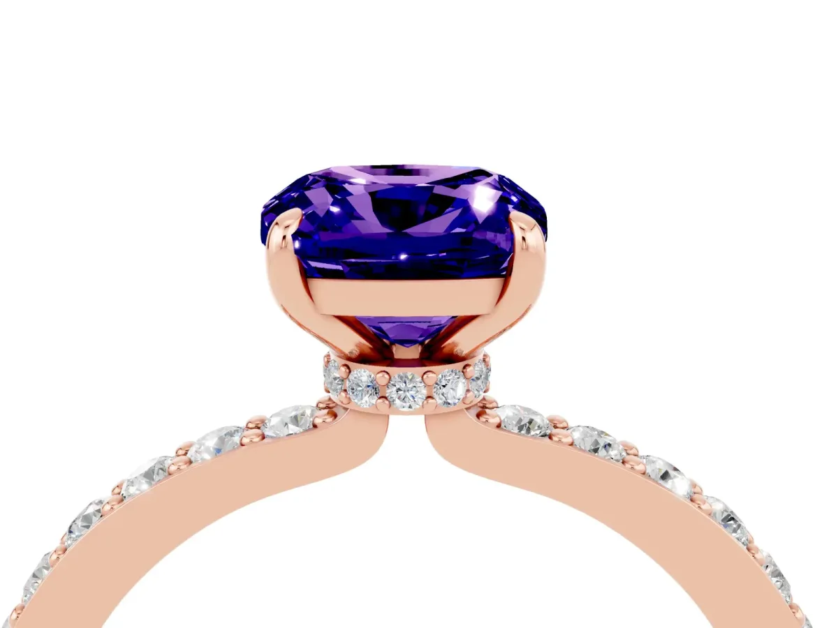 Cushion Cut Tanzanite Solitaire Engagement Ring with Pavé Band and Four-Prong Setting Rose gold