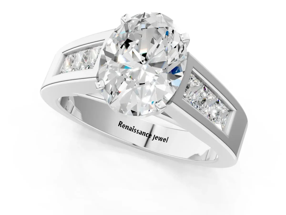 Oval Cut Cut Channel Set Solitaire Ring with Four-Prong Setting Platinum