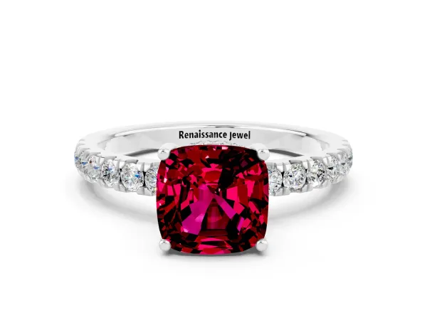 Cushion Cut Garnet Pave Band Solitaire Ring with Round and Prong Setting Platinum