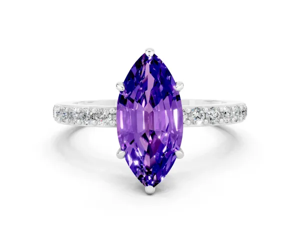 Marquise Cut Tanzanite Solitaire Engagement Ring with Pavé Band and Four-Prong Setting Platinum