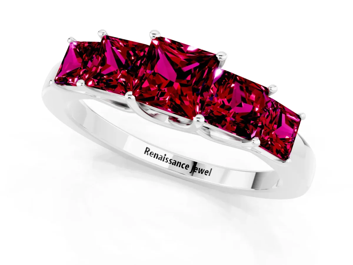 Princess Cut Five-Stone Garnet Ring with Classic Prong Setting White gold