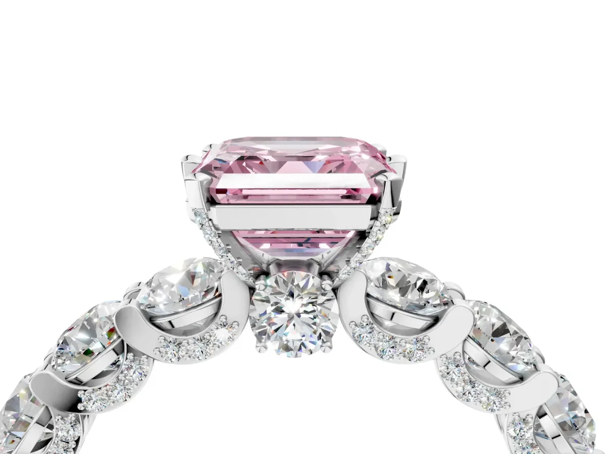 Fancy Pink Asscher Cut Diamond Side Stone Engagement Ring with Four-Prong Setting White gold