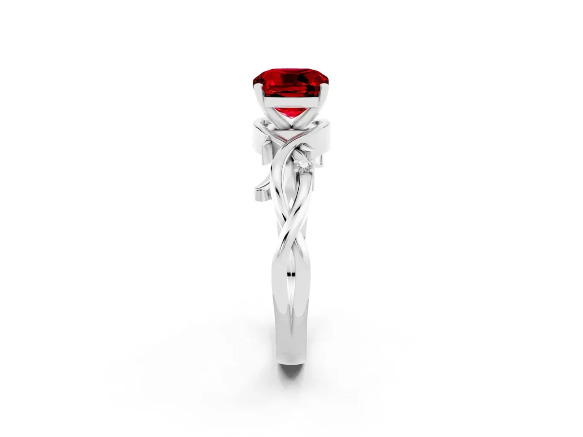Cushion Cut Ruby Solitaire Ring with Twisted Band and Prong Setting Silver