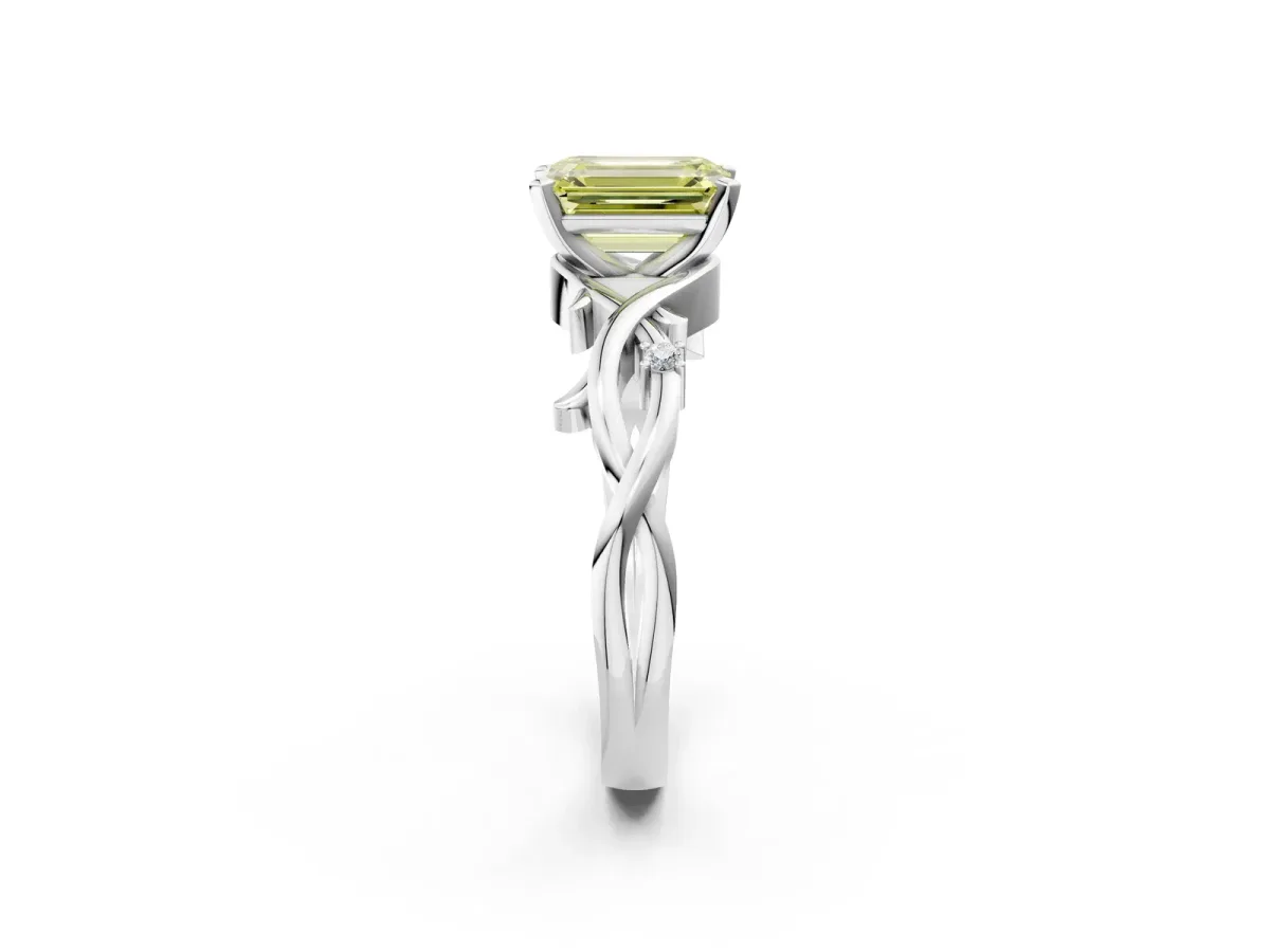 Fancy Yellow Emerald Cut Diamond Solitaire Ring with Twisted Band and Prong Setting Silver