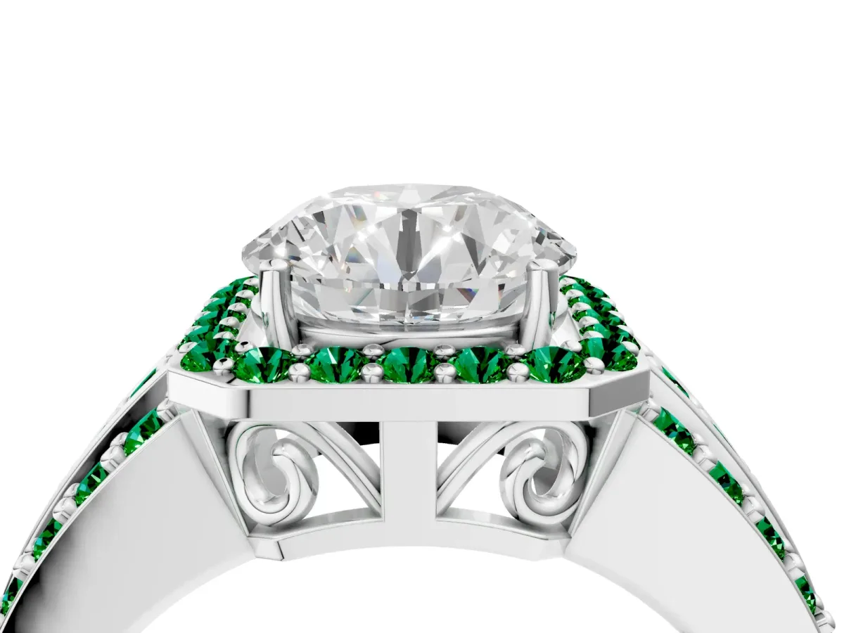 Round Cut Halo Diamond Ring with Round Emerald Split Shank and Prong Setting Silver