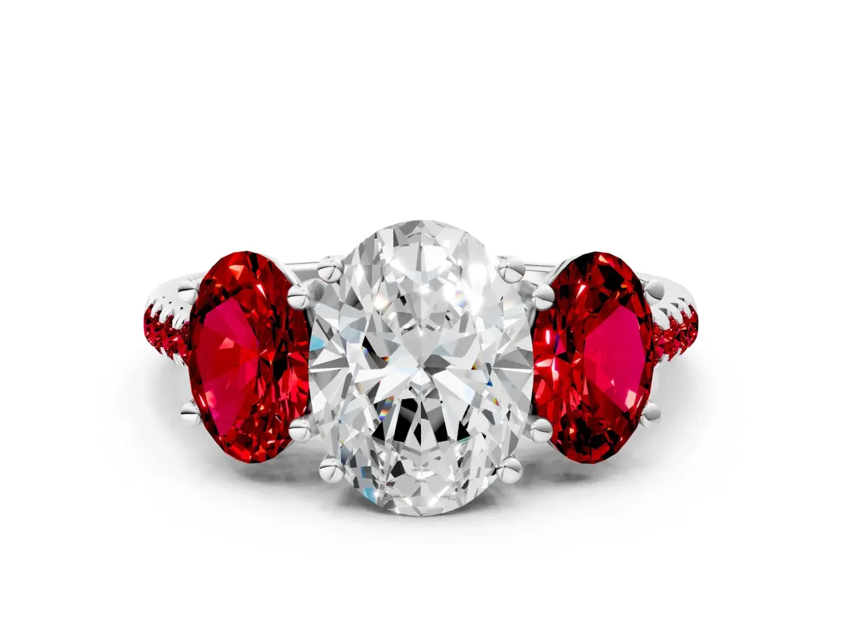Three-Stone Oval Cut Diamond Ring with Round Ruby Pavé Band and Prong Setting Silver