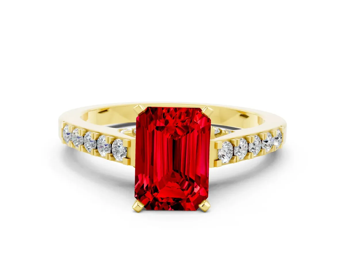 Emerald Cut Ruby Solitaire Ring with Crossover Gallery and Round Pavé Band Yellow gold