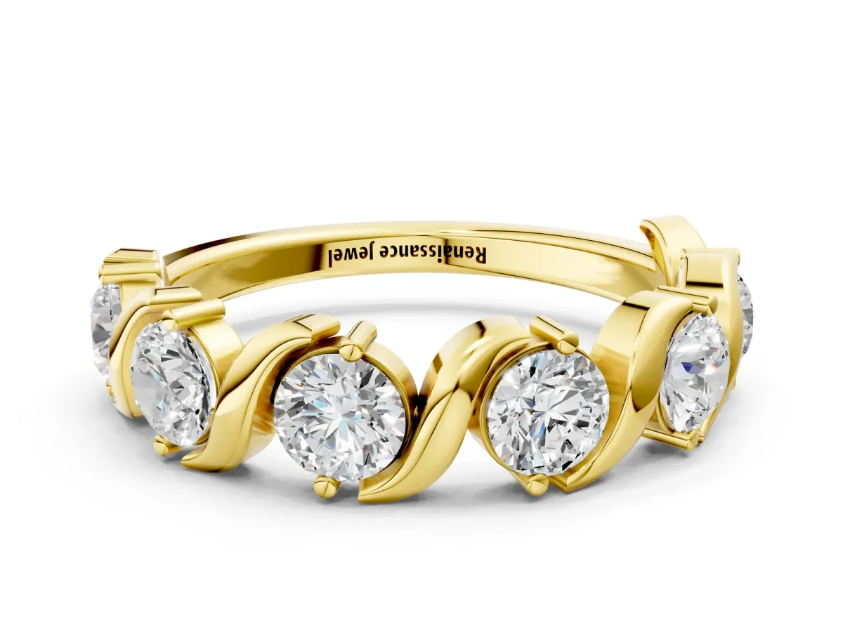 Six-Stone Round Diamond Wave Band with Shared Prong Setting Yellow gold