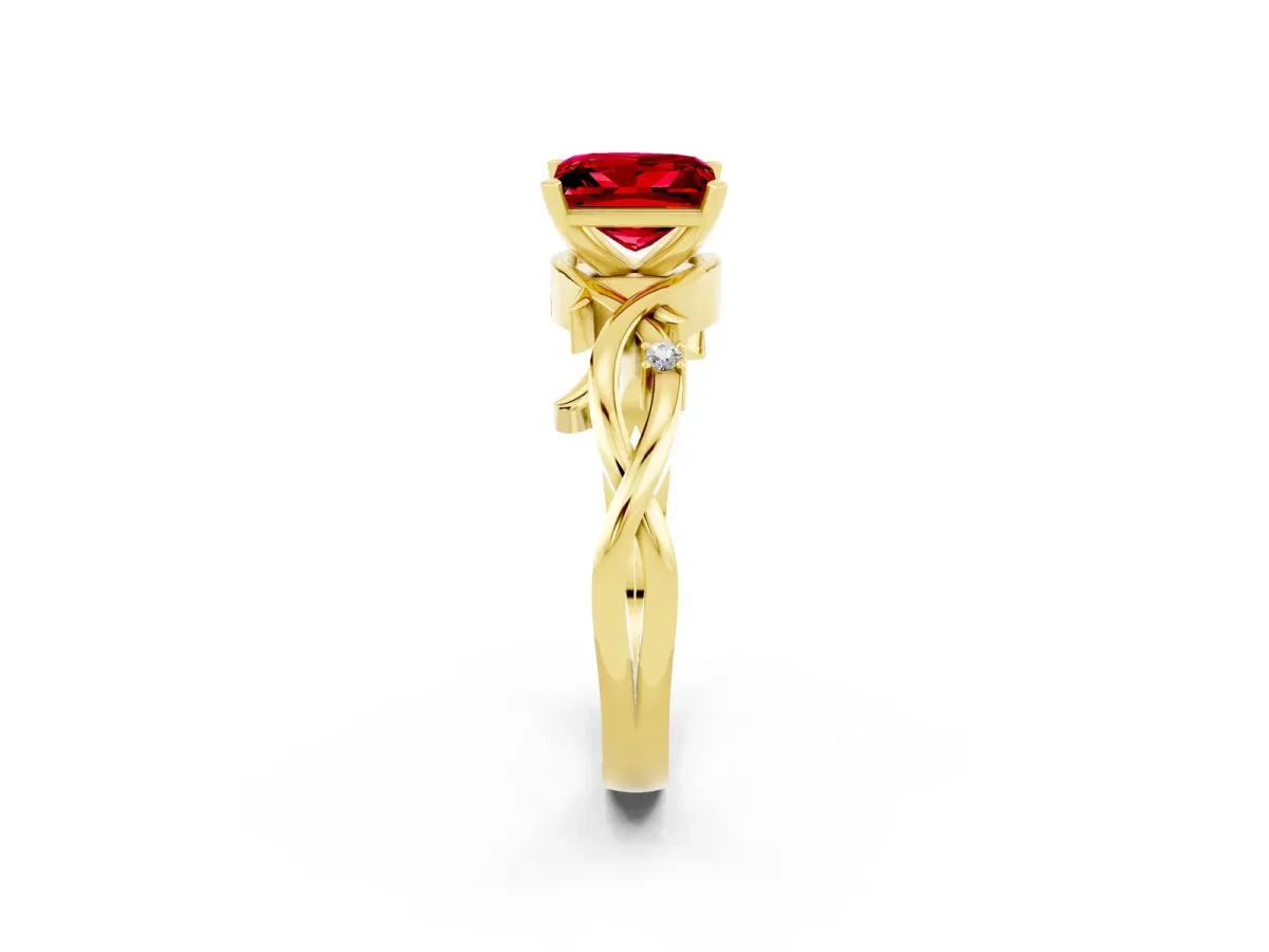 Princess Cut Ruby Solitaire Ring with Twisted Band and Prong Setting Yellow gold