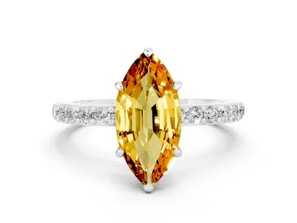 Marquise Cut Citrine Solitaire Engagement Ring with Pavé Band and Four-Prong Setting Platinum