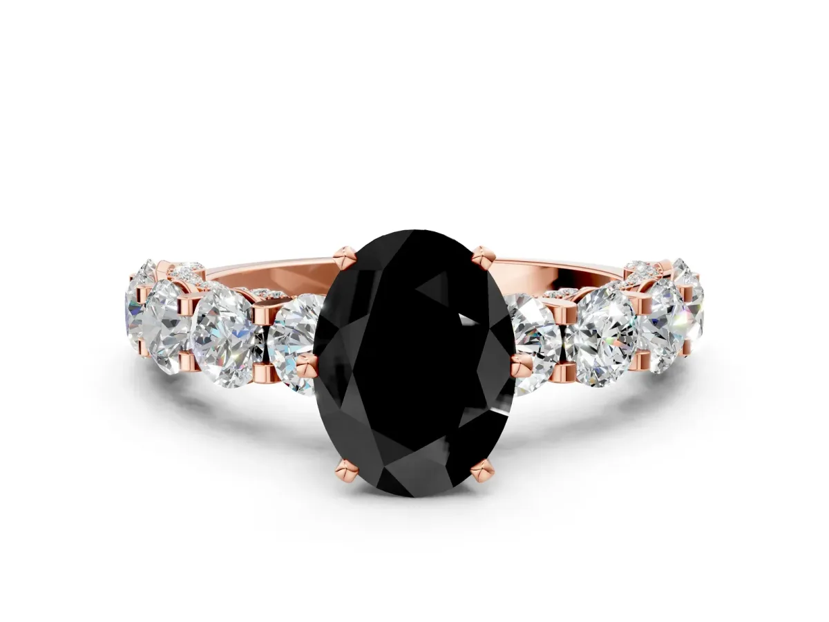 Fancy Black Oval Cut Diamond Side Stone Engagement Ring with Four-Prong Setting Rose gold
