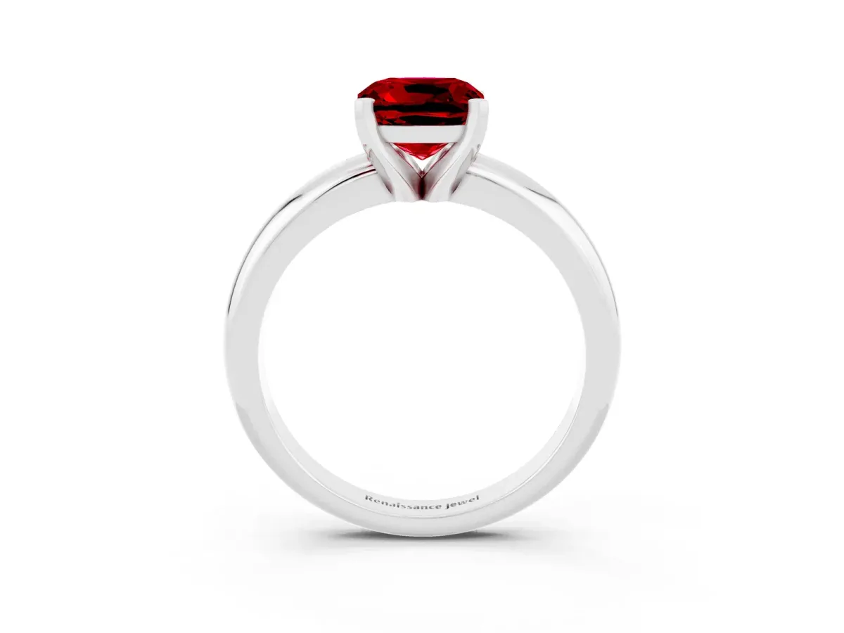 Cushion Cut Ruby Solitaire Engagement Ring with Round Band and Four-Prong Setting Silver