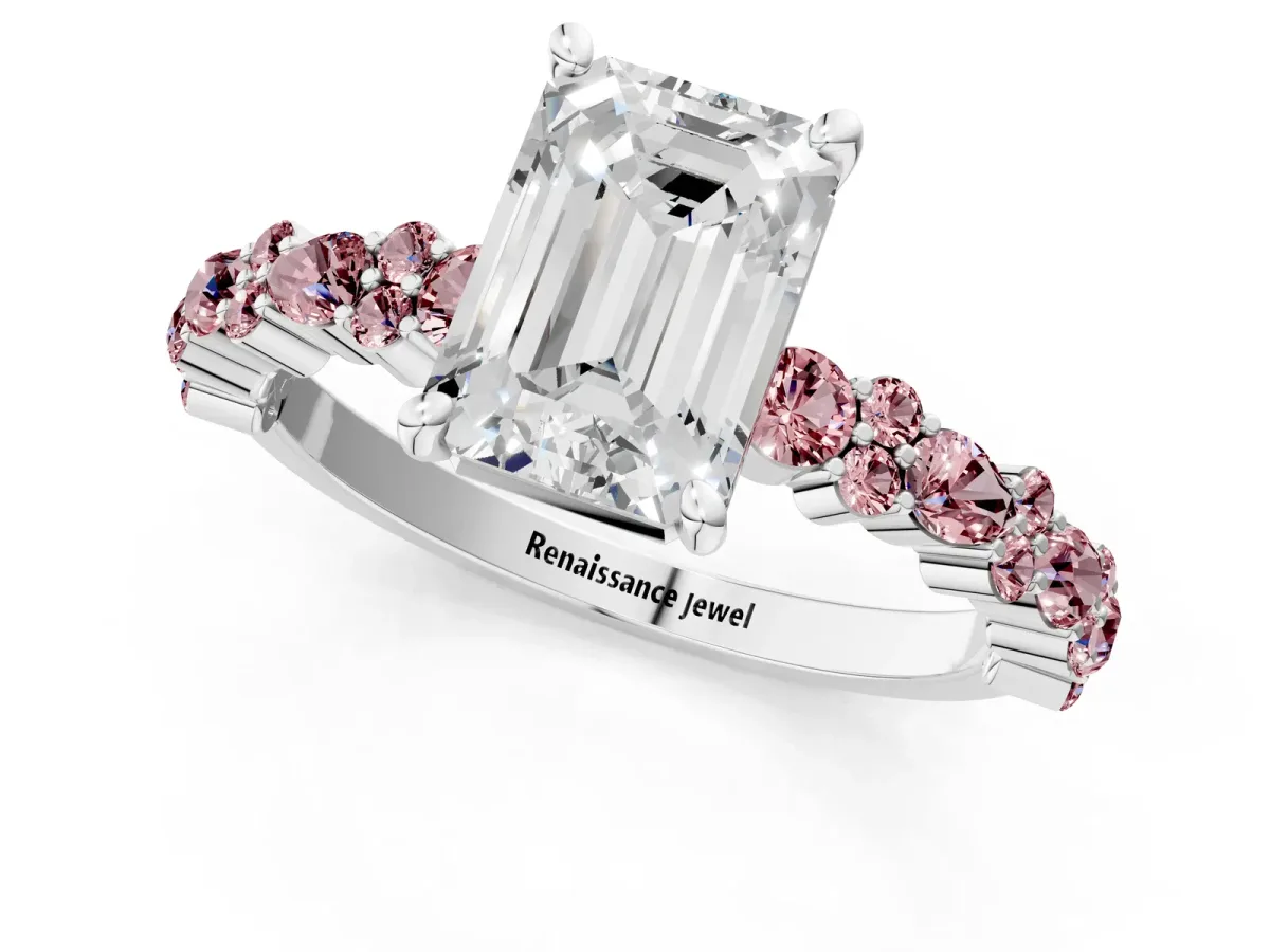 Emerald Cut Diamond Side Stone Solitaire Ring with Round Morganite and Four-Prong Setting Silver