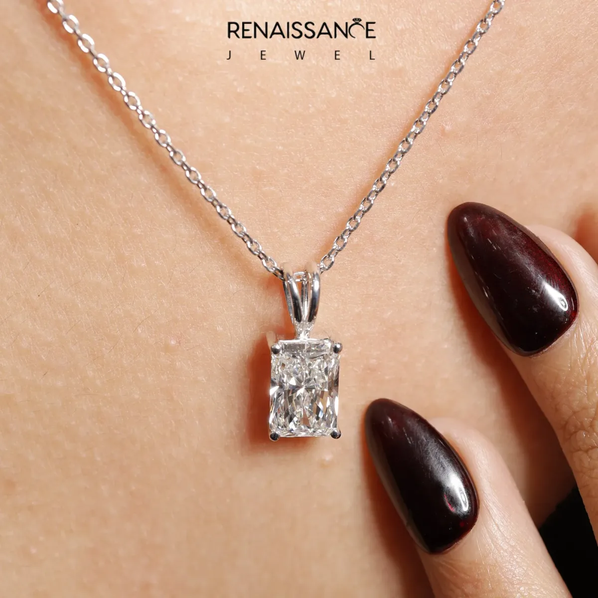 Radiant Diamond Solitaire Pendant with Four Prong Setting White gold