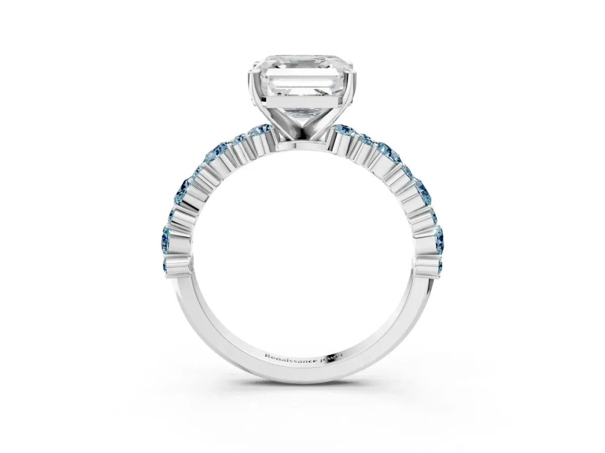 Asscher Cut Diamond Side Stone Solitaire Ring with Round Aquamarine and Four-Prong Setting Platinum