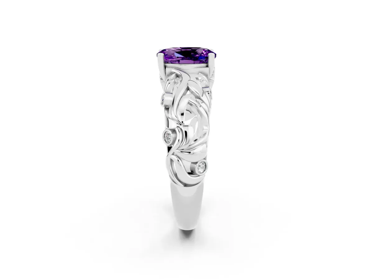 Oval Cut Solitaire Amethyst Leaf-Inspired Vine Band Ring with Prong Setting White gold