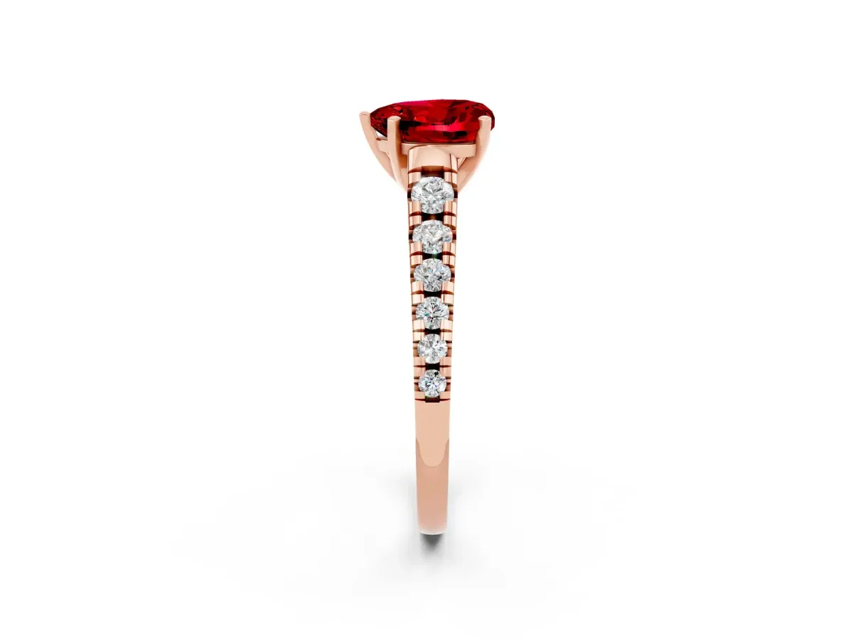 Heart Cut Ruby Cathedral Solitaire Ring with Round Pavé Band Rose gold