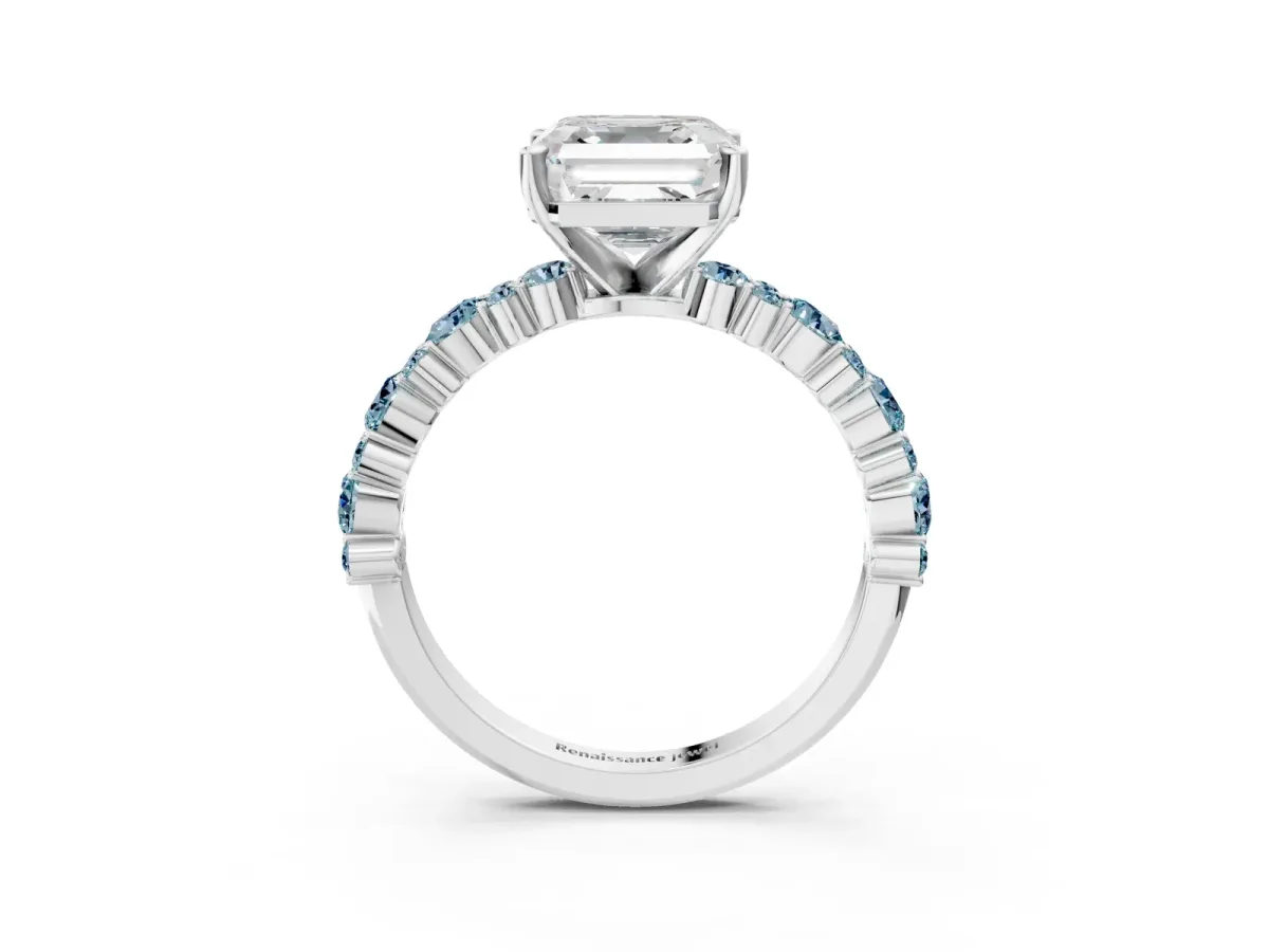 Asscher Cut Diamond Side Stone Solitaire Ring with Round Aquamarine and Four-Prong Setting Platinum