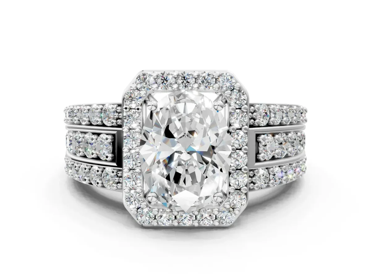 Oval Cut Halo Diamond Ring with Round Split Shank and Prong Setting Silver