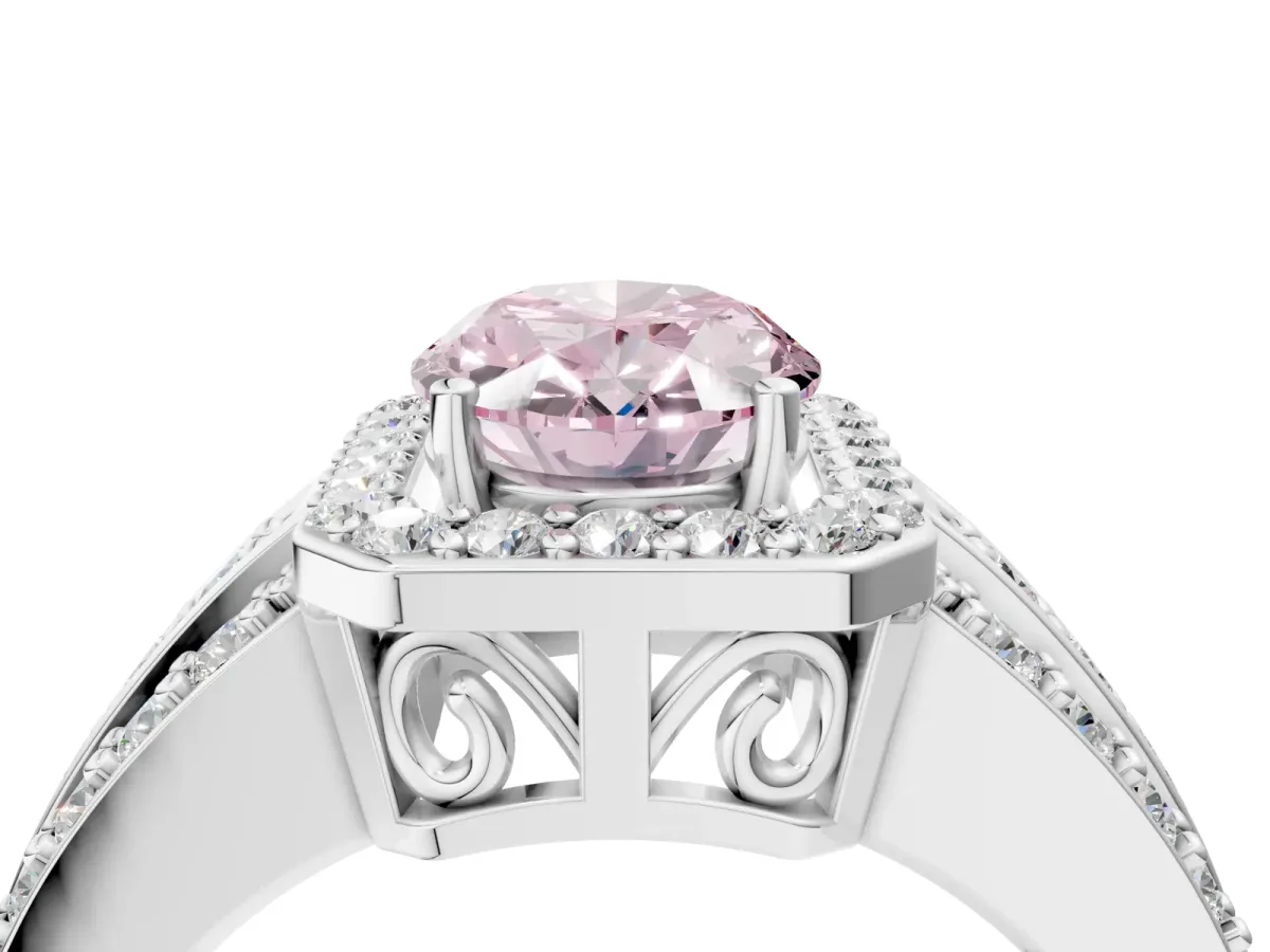 Fancy Pink Oval Cut Halo Diamond Ring with Round Split Shank and Prong Setting Silver
